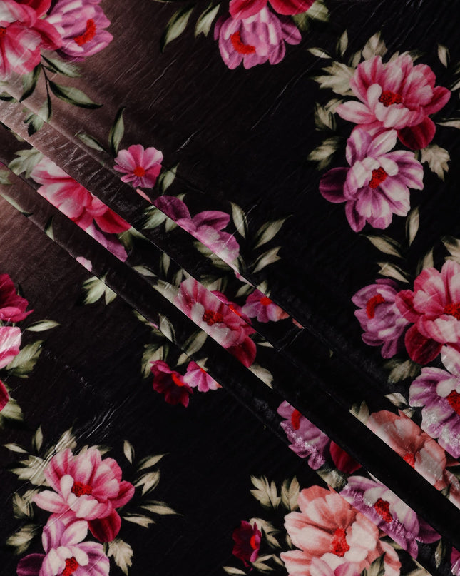Jet Black Ombre Peony Floral Synthetic Blended Velvet Fabric
