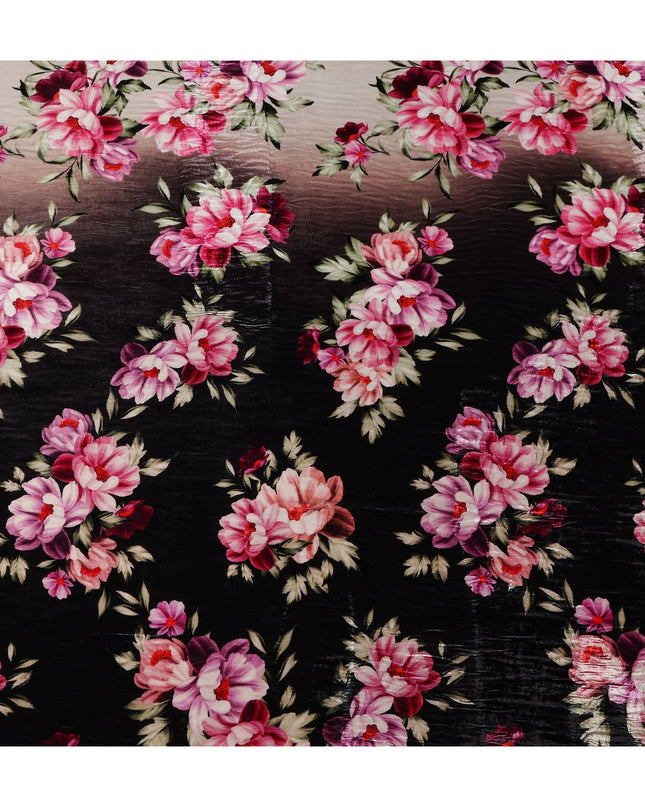 Jet Black Ombre Peony Floral Synthetic Blended Velvet Fabric