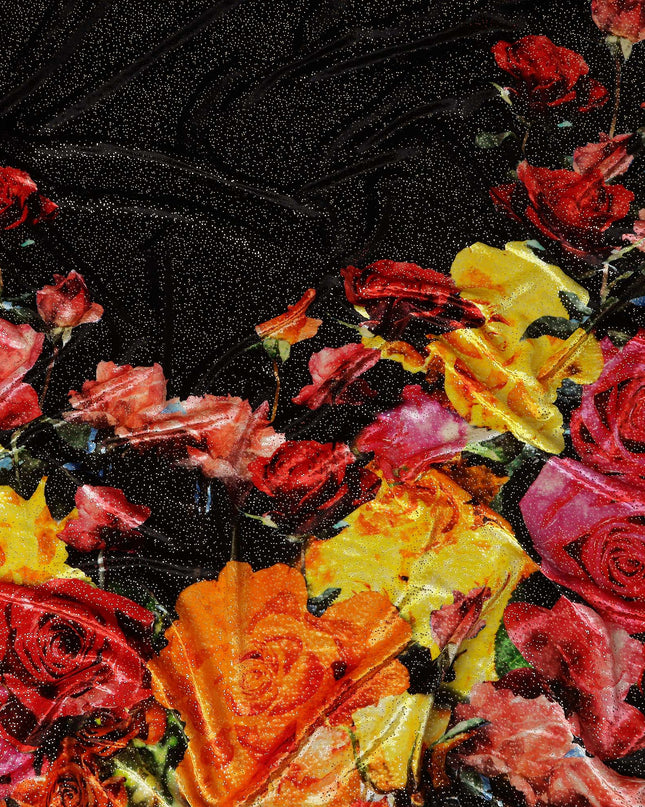 Ebony Black Rose Bouquet Synthetic Blended Velvet Fabric