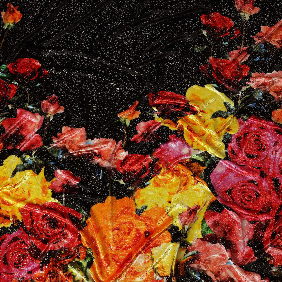 Ebony Black Rose Bouquet Synthetic Blended Velvet Fabric