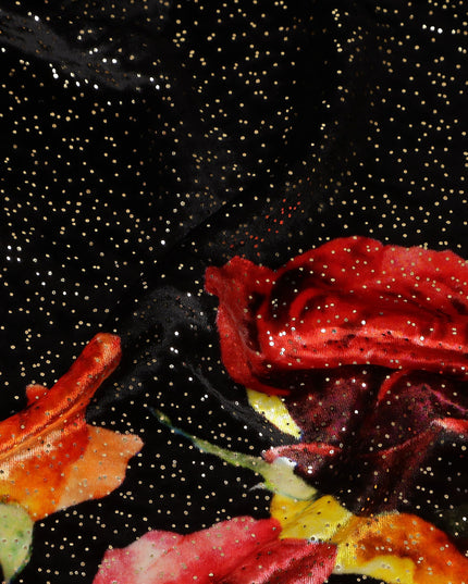 Ebony Black Rose Bouquet Synthetic Blended Velvet Fabric