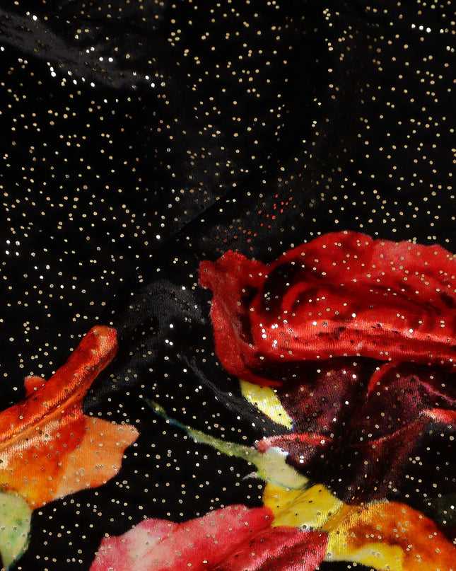 Ebony Black Rose Bouquet Synthetic Blended Velvet Fabric