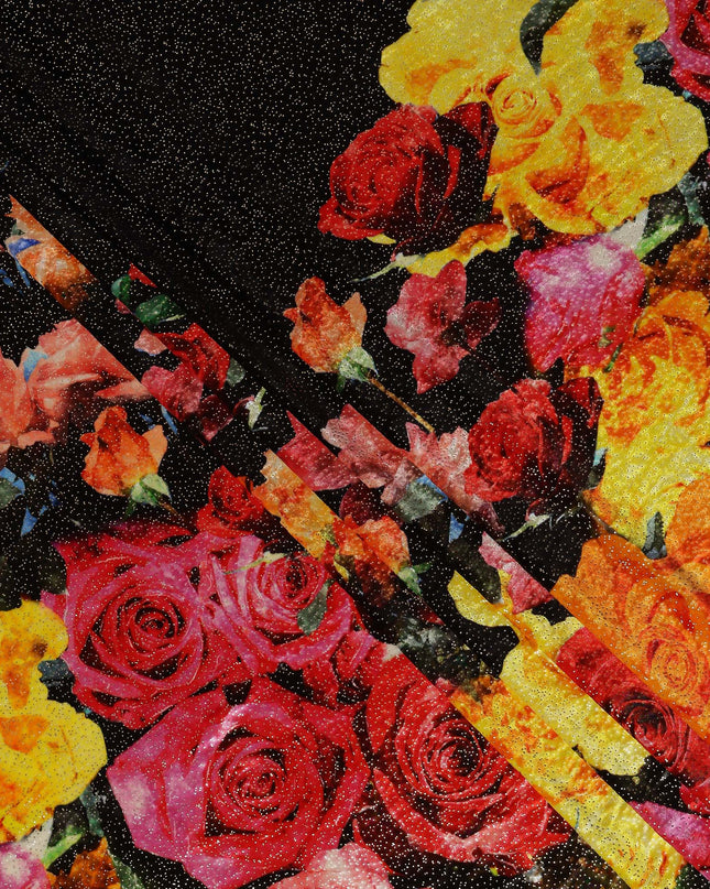 Ebony Black Rose Bouquet Synthetic Blended Velvet Fabric
