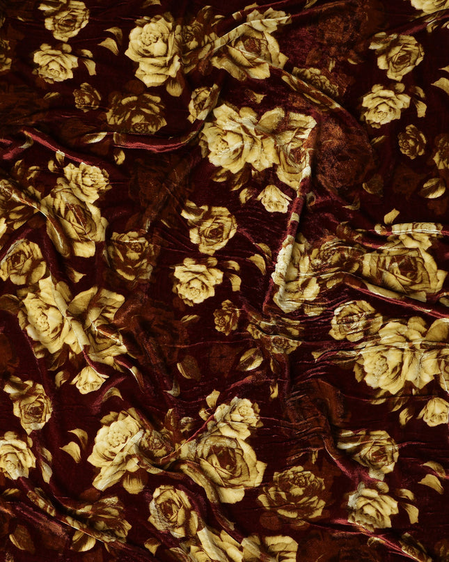 Burgundy Red Tonal Rose Synthetic Blended Velvet Fabric