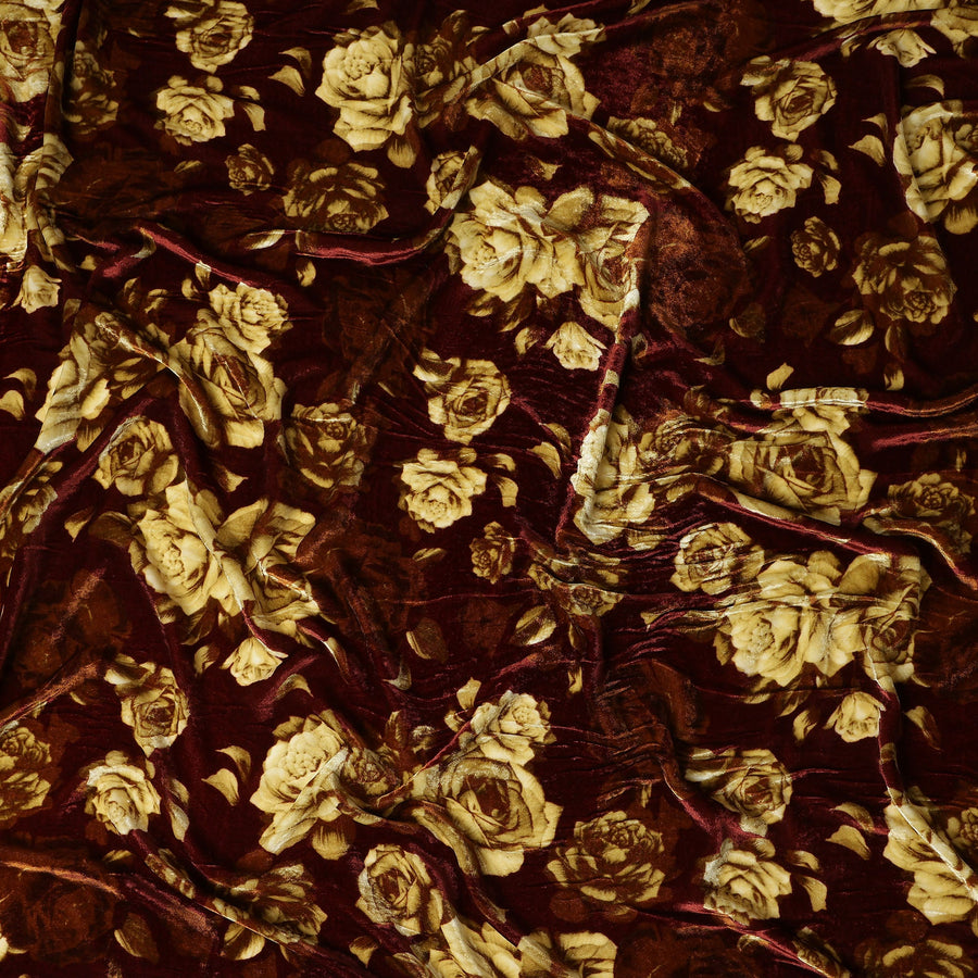Burgundy Red Tonal Rose Synthetic Blended Velvet Fabric