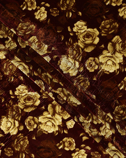 Burgundy Red Tonal Rose Synthetic Blended Velvet Fabric
