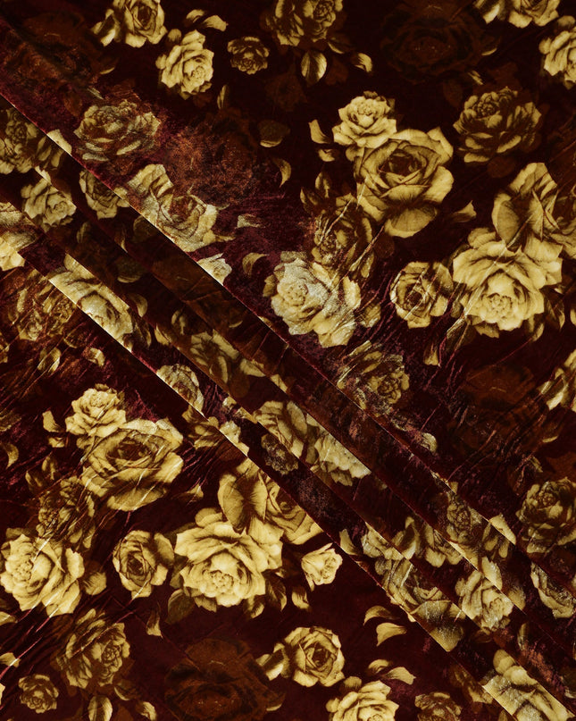 Burgundy Red Tonal Rose Synthetic Blended Velvet Fabric