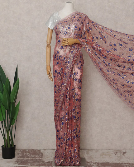 Rose Pink and Royal Blue French Chantilly Lace Saree 5.5m