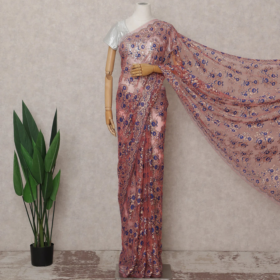 Rose Pink and Royal Blue French Chantilly Lace Saree 5.5m