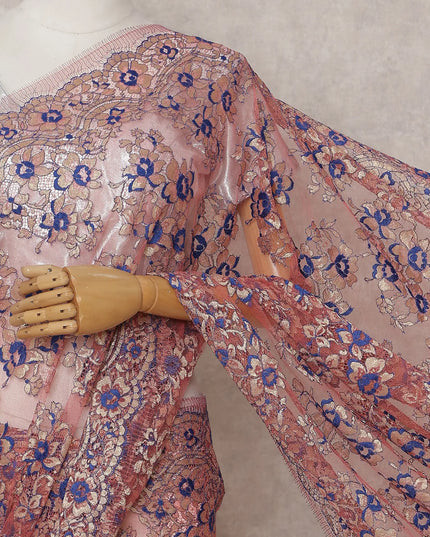 Rose Pink and Royal Blue French Chantilly Lace Saree 5.5m
