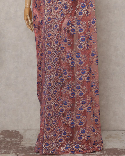 Rose Pink and Royal Blue French Chantilly Lace Saree 5.5m