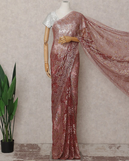 Rosewood Brick Red French Chantilly Lace Saree 5.5m