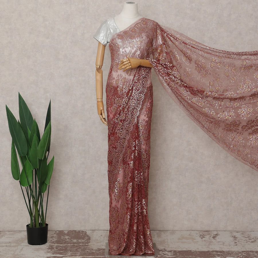 Rosewood Brick Red French Chantilly Lace Saree 5.5m