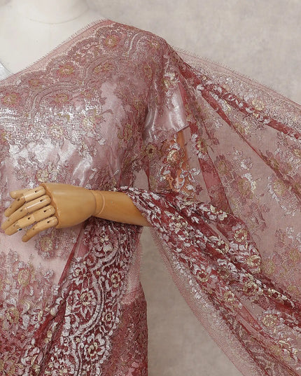 Rosewood Brick Red French Chantilly Lace Saree 5.5m