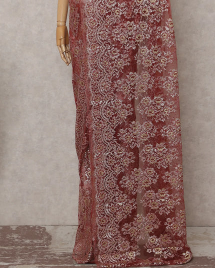 Rosewood Brick Red French Chantilly Lace Saree 5.5m