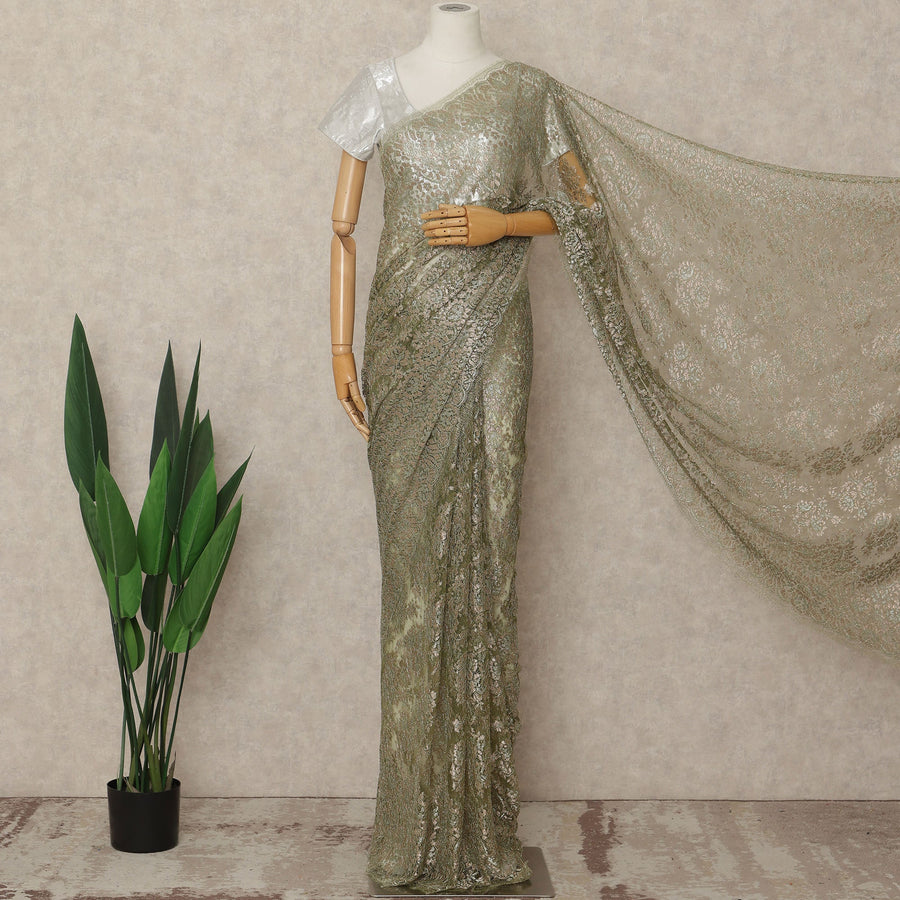 Green French Metallic Chantilly Lace Saree