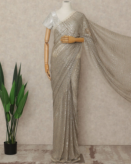 Beige French Metallic Chantilly Lace Saree