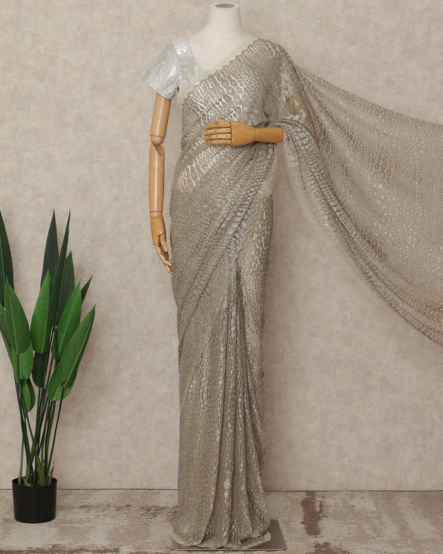 Beige French Metallic Chantilly Lace Saree