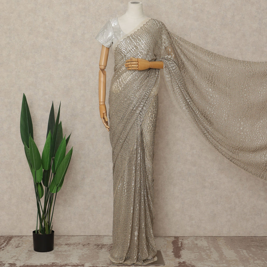 Beige French Metallic Chantilly Lace Saree