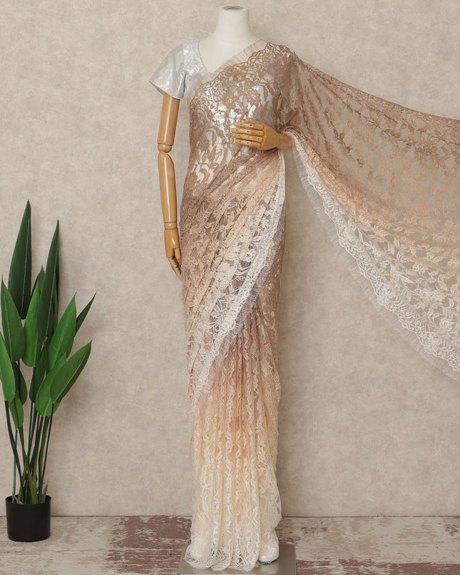 Beige Cream Ombre French Chantilly Lace Saree 5.5 Meters Length 110 Cms Width Premium Floral Lace Fabric Soft Sheer Elegant Draping Party Wear Saree Fabric France Origin-D28679 Regal Fabrics
