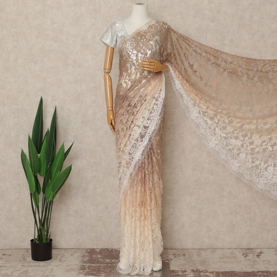 Beige Cream Ombre French Chantilly Lace Saree 5.5 Meters Length 110 Cms Width Premium Floral Lace Fabric Soft Sheer Elegant Draping Party Wear Saree Fabric France Origin-D28679 Regal Fabrics