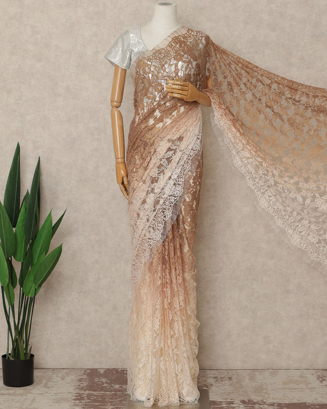 Beige Ivory Ombre French Chantilly Lace Saree 5.5 Meters Length 110 Cms Width Premium Floral Lace Fabric Soft Sheer Elegant Draping Party Wear Saree Fabric France Origin-D28680 Regal Fabrics