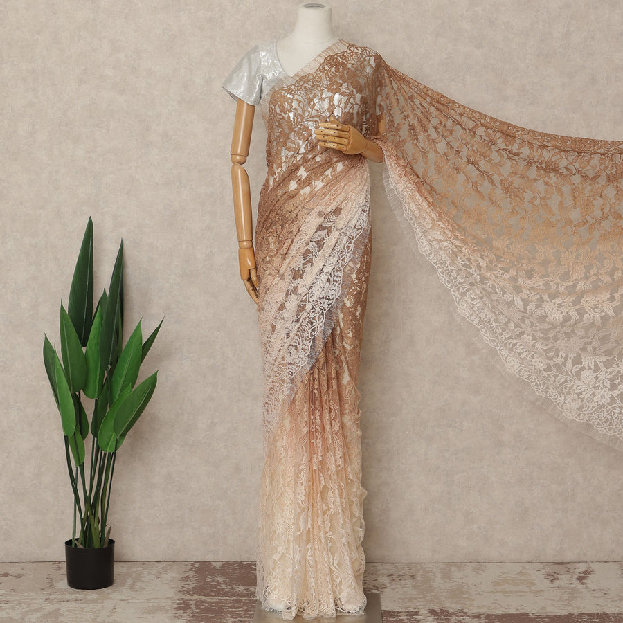 Beige Ivory Ombre French Chantilly Lace Saree 5.5 Meters Length 110 Cms Width Premium Floral Lace Fabric Soft Sheer Elegant Draping Party Wear Saree Fabric France Origin-D28680 Regal Fabrics