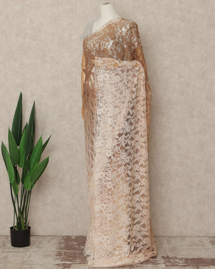 Beige Ivory Ombre French Chantilly Lace Saree 5.5 Meters Length 110 Cms Width Premium Floral Lace Fabric Soft Sheer Elegant Draping Party Wear Saree Fabric France Origin-D28680 Regal Fabrics