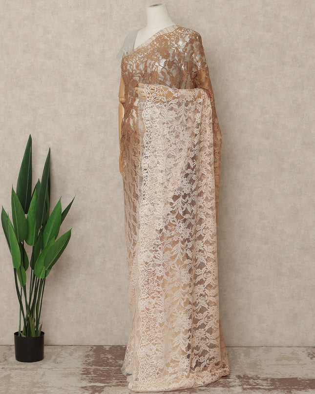 Beige Ivory Ombre French Chantilly Lace Saree 5.5 Meters Length 110 Cms Width Premium Floral Lace Fabric Soft Sheer Elegant Draping Party Wear Saree Fabric France Origin-D28680 Regal Fabrics