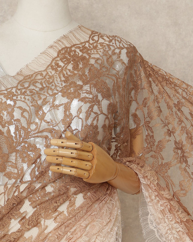 Beige Ivory Ombre French Chantilly Lace Saree 5.5 Meters Length 110 Cms Width Premium Floral Lace Fabric Soft Sheer Elegant Draping Party Wear Saree Fabric France Origin-D28680 Regal Fabrics