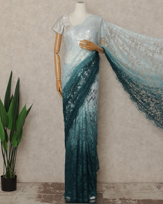 Teal Green Ice Blue Ombre French Chantilly Lace Saree 5.5 Meters Length 110 Cms Width Premium Floral Lace Fabric Soft Sheer Elegant Draping Party Wear Saree Fabric France Origin-D28684 Regal Fabrics