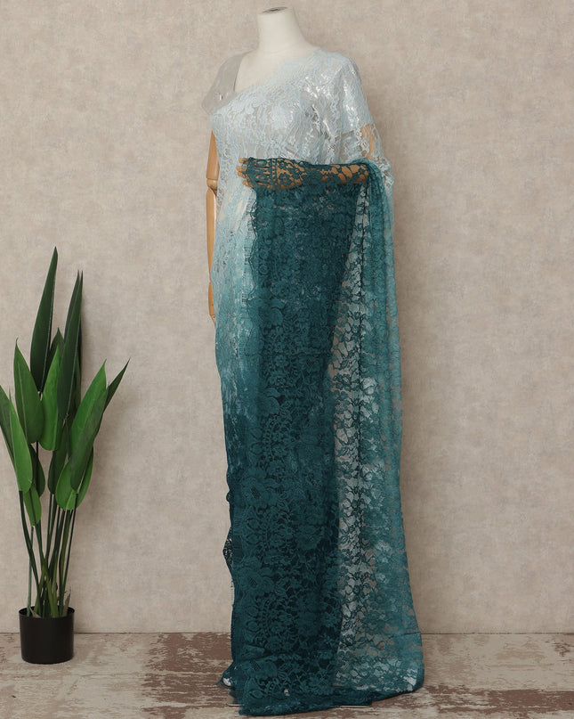 Teal Green Ice Blue Ombre French Chantilly Lace Saree 5.5 Meters Length 110 Cms Width Premium Floral Lace Fabric Soft Sheer Elegant Draping Party Wear Saree Fabric France Origin-D28684 Regal Fabrics