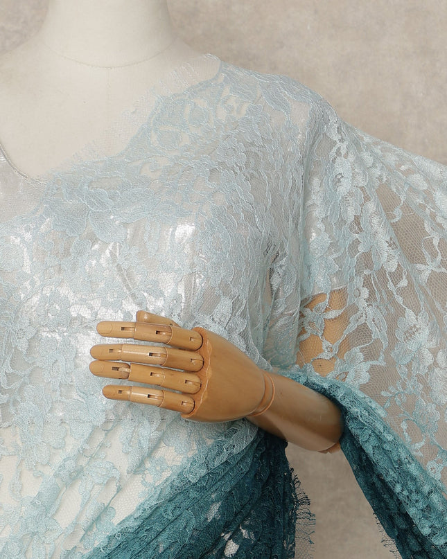 Teal Green Ice Blue Ombre French Chantilly Lace Saree 5.5 Meters Length 110 Cms Width Premium Floral Lace Fabric Soft Sheer Elegant Draping Party Wear Saree Fabric France Origin-D28684 Regal Fabrics