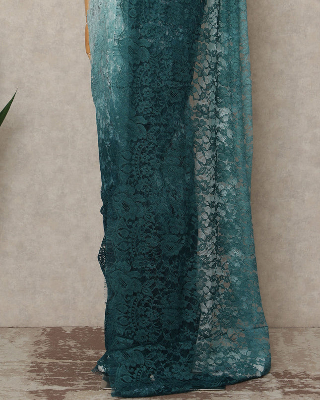 Teal Green Ice Blue Ombre French Chantilly Lace Saree 5.5 Meters Length 110 Cms Width Premium Floral Lace Fabric Soft Sheer Elegant Draping Party Wear Saree Fabric France Origin-D28684 Regal Fabrics