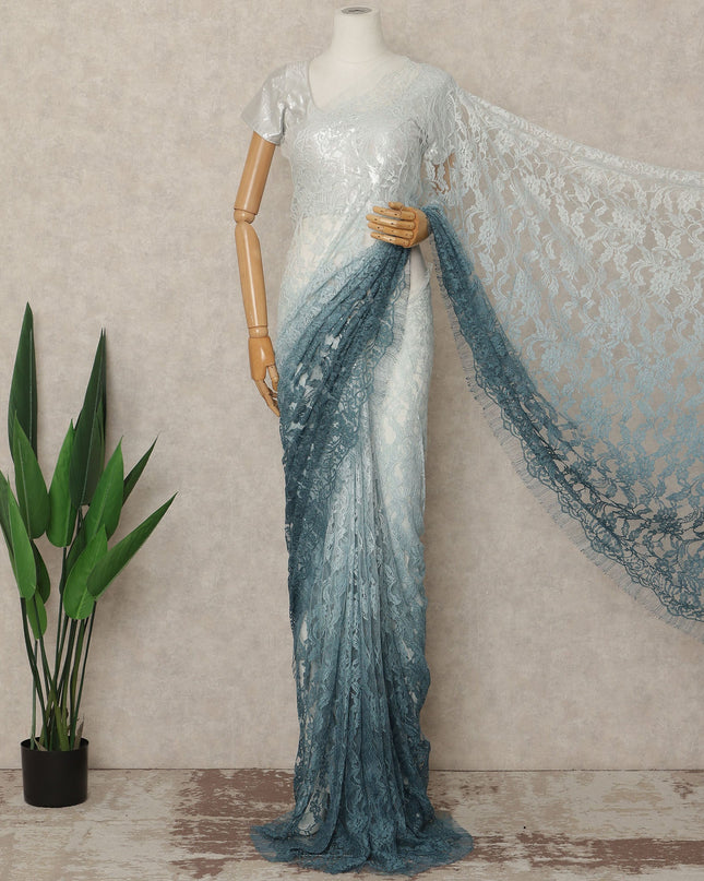Sea Green Ivory Ombre French Chantilly Lace Saree 5.5 Meters Length 110 Cms Width Premium Floral Lace Fabric Soft Sheer Elegant Draping Party Wear Saree Fabric France Origin-D28678 Regal Fabrics