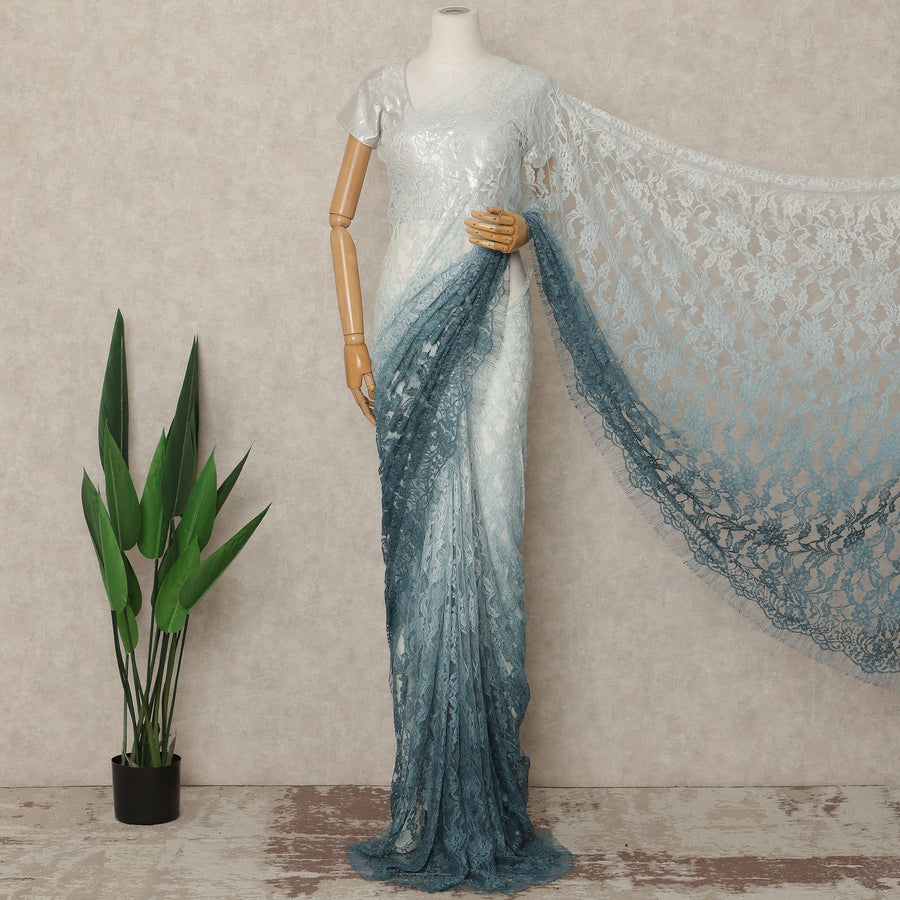 Sea Green Ivory Ombre French Chantilly Lace Saree 5.5 Meters Length 110 Cms Width Premium Floral Lace Fabric Soft Sheer Elegant Draping Party Wear Saree Fabric France Origin-D28678 Regal Fabrics