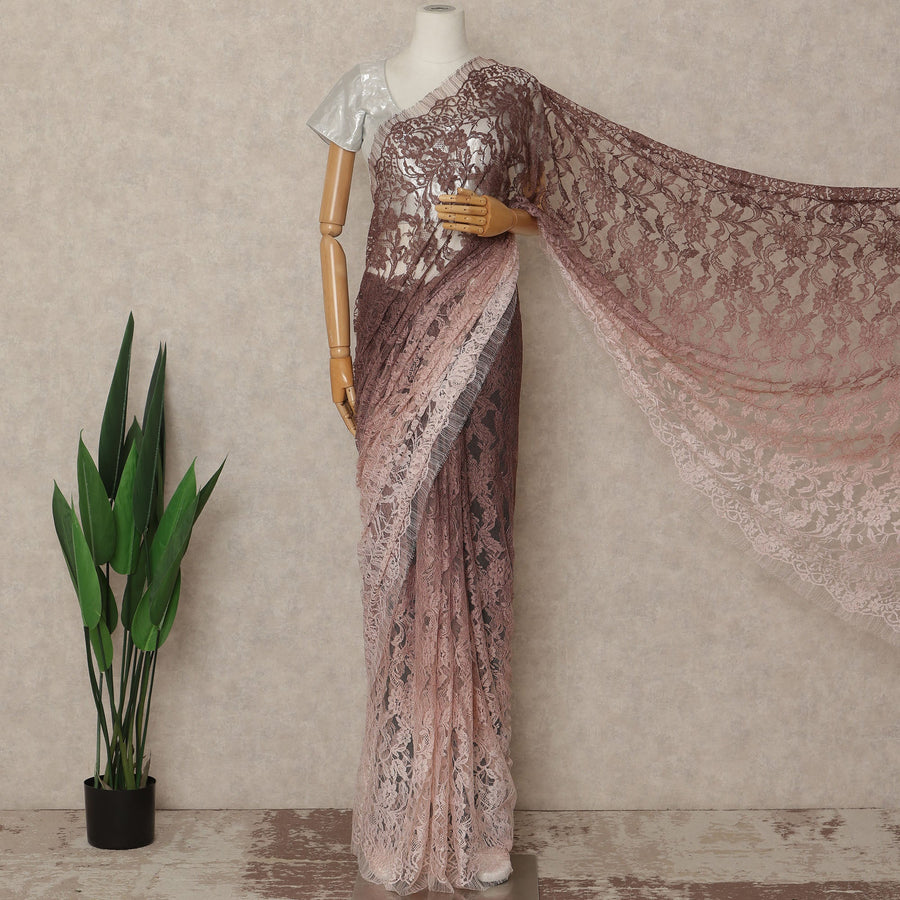 Dusty Rose Brown Ombre French Chantilly Lace Saree 5.5 Meters Length 110 Cms Width Premium Floral Lace Fabric Soft Sheer Elegant Draping Party Wear Saree Fabric France Origin-D28685 Regal Fabrics
