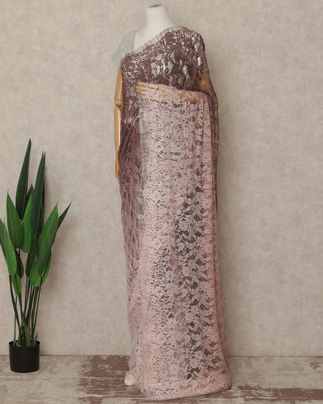 Dusty Rose Brown Ombre French Chantilly Lace Saree 5.5 Meters Length 110 Cms Width Premium Floral Lace Fabric Soft Sheer Elegant Draping Party Wear Saree Fabric France Origin-D28685 Regal Fabrics