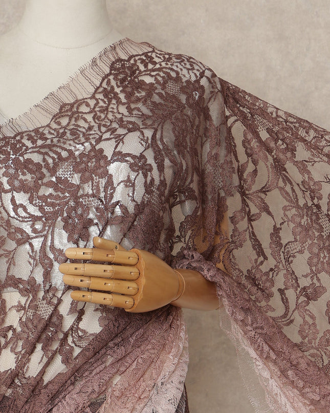 Dusty Rose Brown Ombre French Chantilly Lace Saree 5.5 Meters Length 110 Cms Width Premium Floral Lace Fabric Soft Sheer Elegant Draping Party Wear Saree Fabric France Origin-D28685 Regal Fabrics