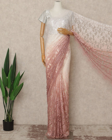 Blush Pink Ivory Ombre French Chantilly Lace Saree 5.5 Meters Length 110 Cms Width Premium Floral Lace Fabric Soft Sheer Elegant Draping Party Wear Saree Fabric France Origin-D28688 Regal Fabrics