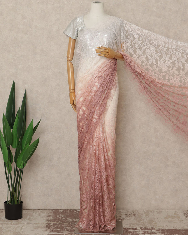 Blush Pink Ivory Ombre French Chantilly Lace Saree 5.5 Meters Length 110 Cms Width Premium Floral Lace Fabric Soft Sheer Elegant Draping Party Wear Saree Fabric France Origin-D28688 Regal Fabrics