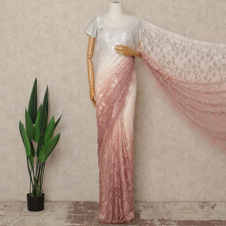 Blush Pink Ivory Ombre French Chantilly Lace Saree 5.5 Meters Length 110 Cms Width Premium Floral Lace Fabric Soft Sheer Elegant Draping Party Wear Saree Fabric France Origin-D28688 Regal Fabrics