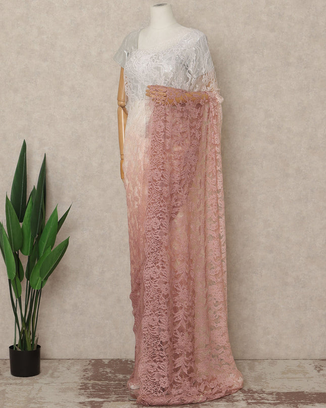 Blush Pink Ivory Ombre French Chantilly Lace Saree 5.5 Meters Length 110 Cms Width Premium Floral Lace Fabric Soft Sheer Elegant Draping Party Wear Saree Fabric France Origin-D28688 Regal Fabrics