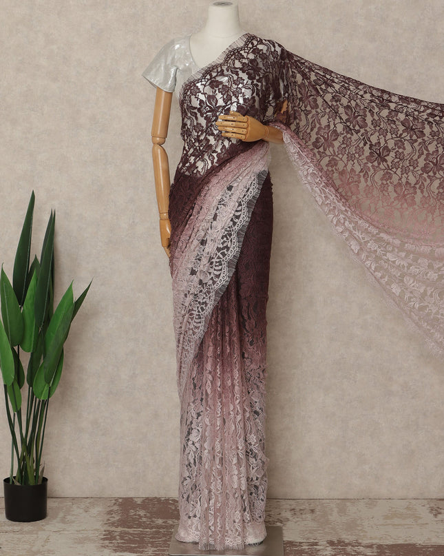 Wine Pink Ombre French Chantilly Lace Saree 5.5 Meters Length 110 Cms Width Premium Floral Lace Fabric Soft Sheer Elegant Draping Party Wear Saree Fabric France Origin-D28686 Regal Fabrics