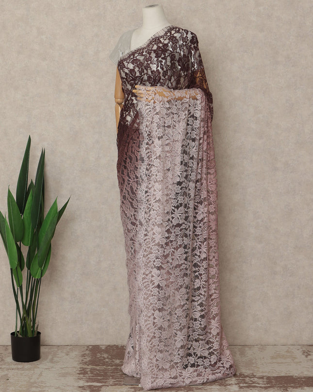 Wine Pink Ombre French Chantilly Lace Saree 5.5 Meters Length 110 Cms Width Premium Floral Lace Fabric Soft Sheer Elegant Draping Party Wear Saree Fabric France Origin-D28686 Regal Fabrics