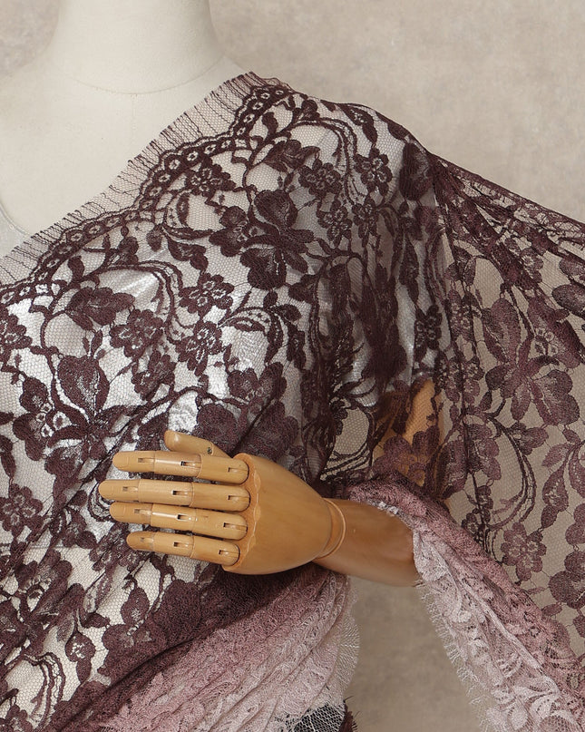 Wine Pink Ombre French Chantilly Lace Saree 5.5 Meters Length 110 Cms Width Premium Floral Lace Fabric Soft Sheer Elegant Draping Party Wear Saree Fabric France Origin-D28686 Regal Fabrics