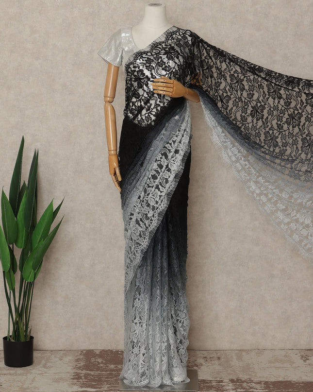 Black Grey Ombre French Chantilly Lace Saree 5.5 Meters Length 110 Cms Width Premium Floral Lace Fabric Soft Sheer Elegant Draping Party Wear Saree Fabric France Origin-D28675 Regal Fabrics
