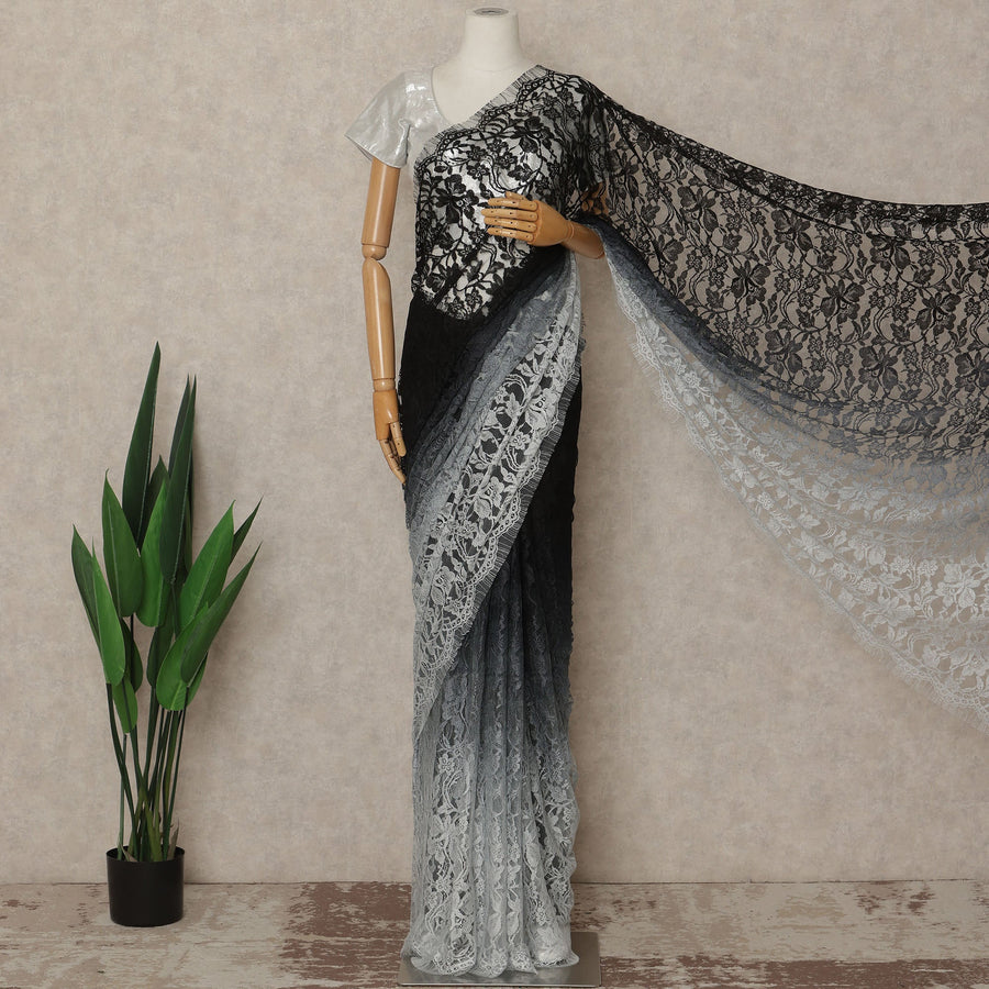 Black Grey Ombre French Chantilly Lace Saree 5.5 Meters Length 110 Cms Width Premium Floral Lace Fabric Soft Sheer Elegant Draping Party Wear Saree Fabric France Origin-D28675 Regal Fabrics