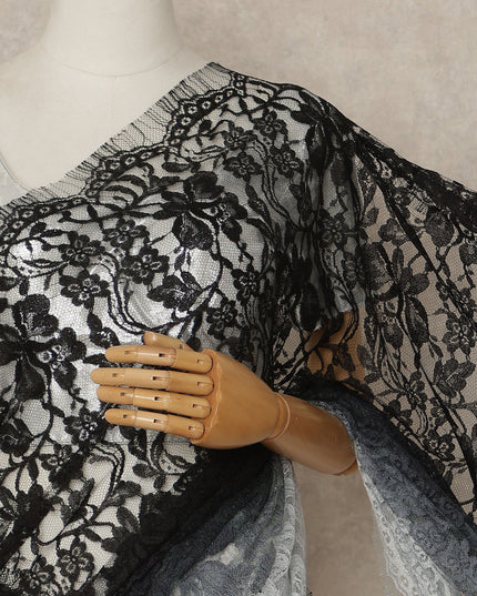 Black Grey Ombre French Chantilly Lace Saree 5.5 Meters Length 110 Cms Width Premium Floral Lace Fabric Soft Sheer Elegant Draping Party Wear Saree Fabric France Origin-D28675 Regal Fabrics
