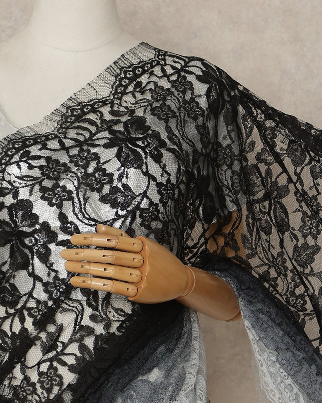 Black Grey Ombre French Chantilly Lace Saree 5.5 Meters Length 110 Cms Width Premium Floral Lace Fabric Soft Sheer Elegant Draping Party Wear Saree Fabric France Origin-D28675 Regal Fabrics